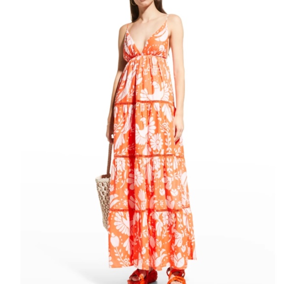NWT $230 Farm Rio Orange Neon Jungle Tiered Maxi Dress in size Medium! - Picture 3 of 7